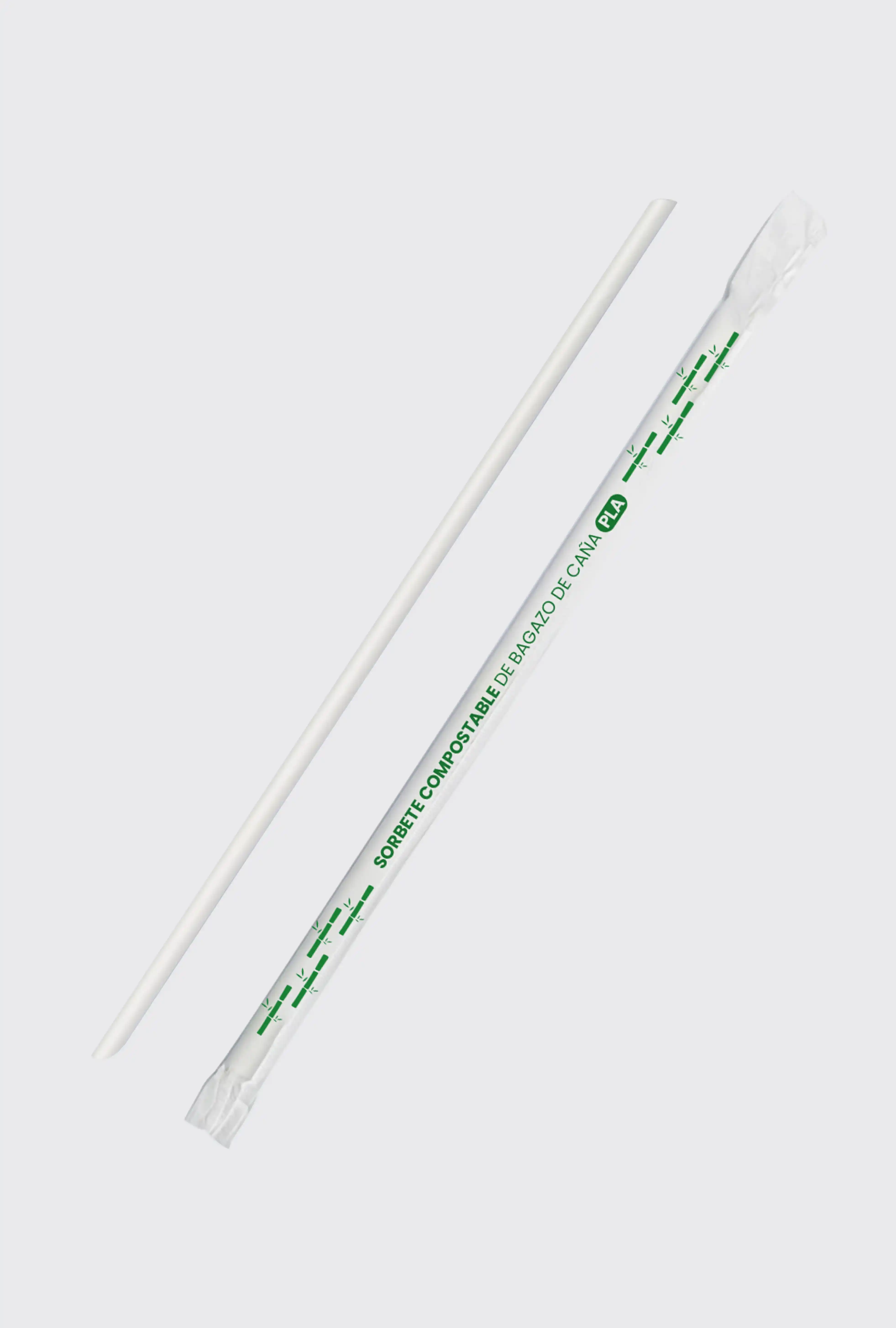 Sorbete biodegradable elaborado con bagazo de caña de azúcar, ideal para bebidas frías y calientes, 100% compostable y ecológico
