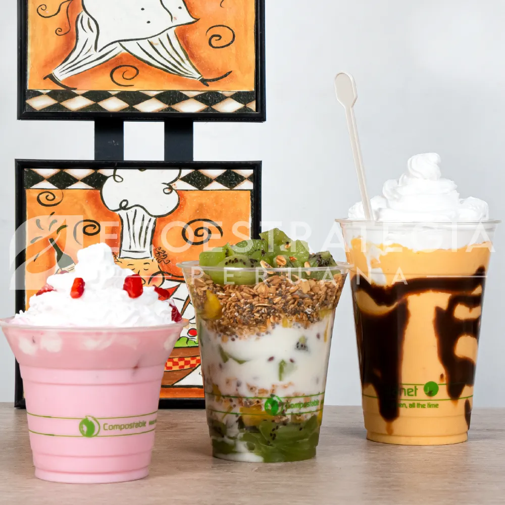 Vasos biodegradables sostenibles para refrescos y jugos, fabricados con PET reciclable y PLA compostable