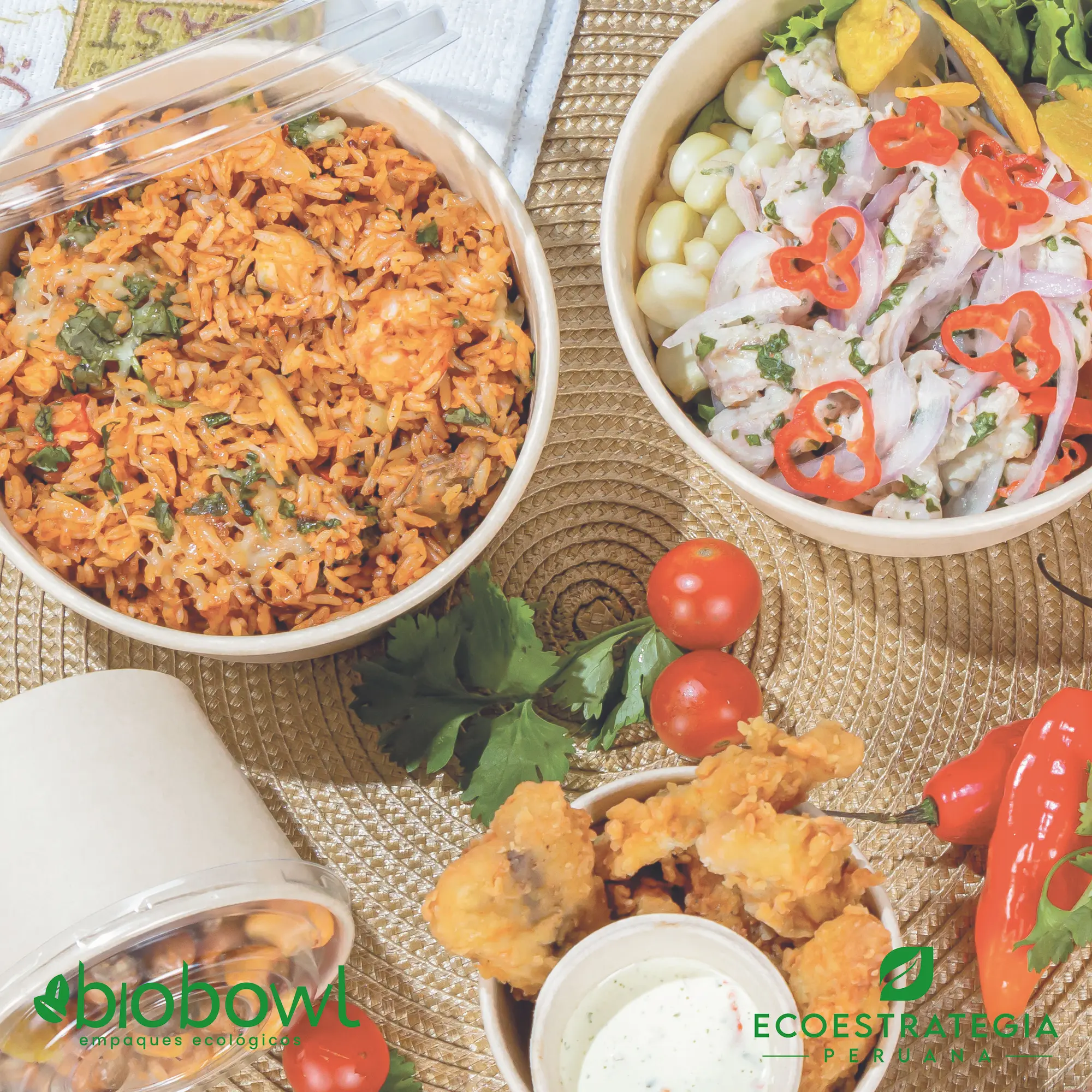 Bowl de bambú compostable con tapa PET, ideal para servir ensaladas grandes y comidas saludables.