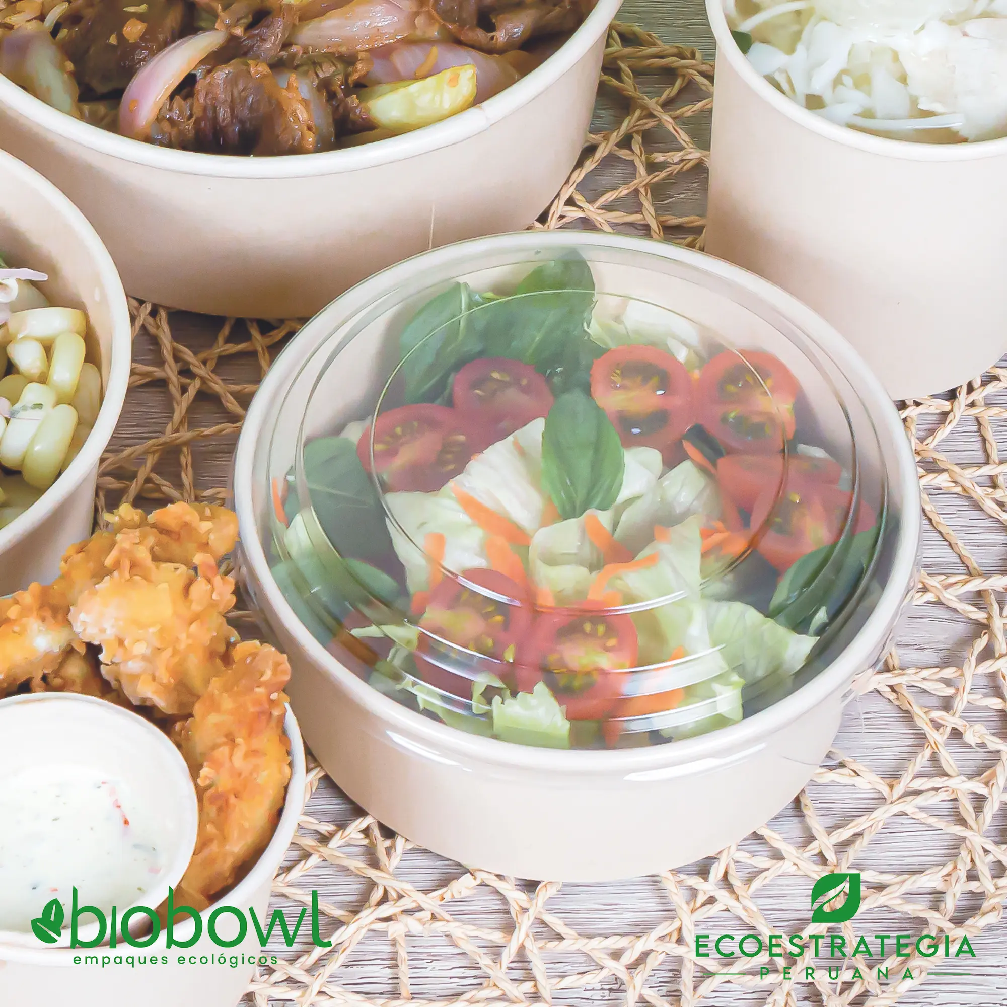 Contenedor biodegradable de 500 ml para ensaladas, hecho con fibra de bambú y tapa PET.