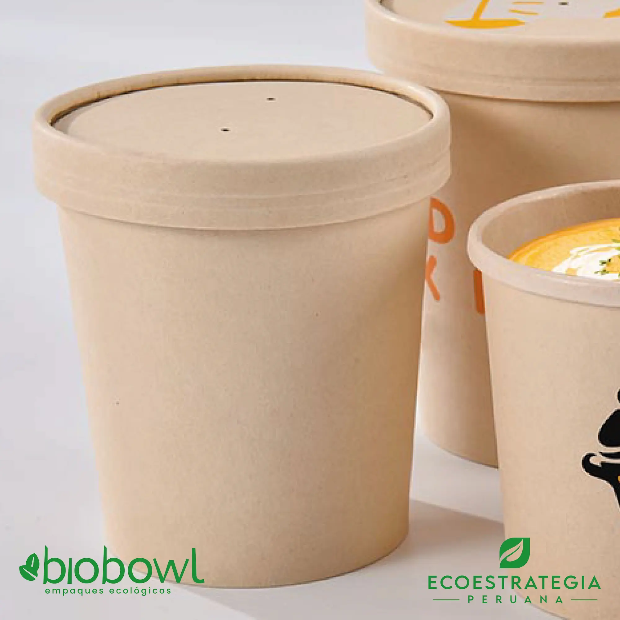Bowl de bambú 16oz, compostable y con tapa reciclable, diseñado para delivery de entradas calientes y saludables.
