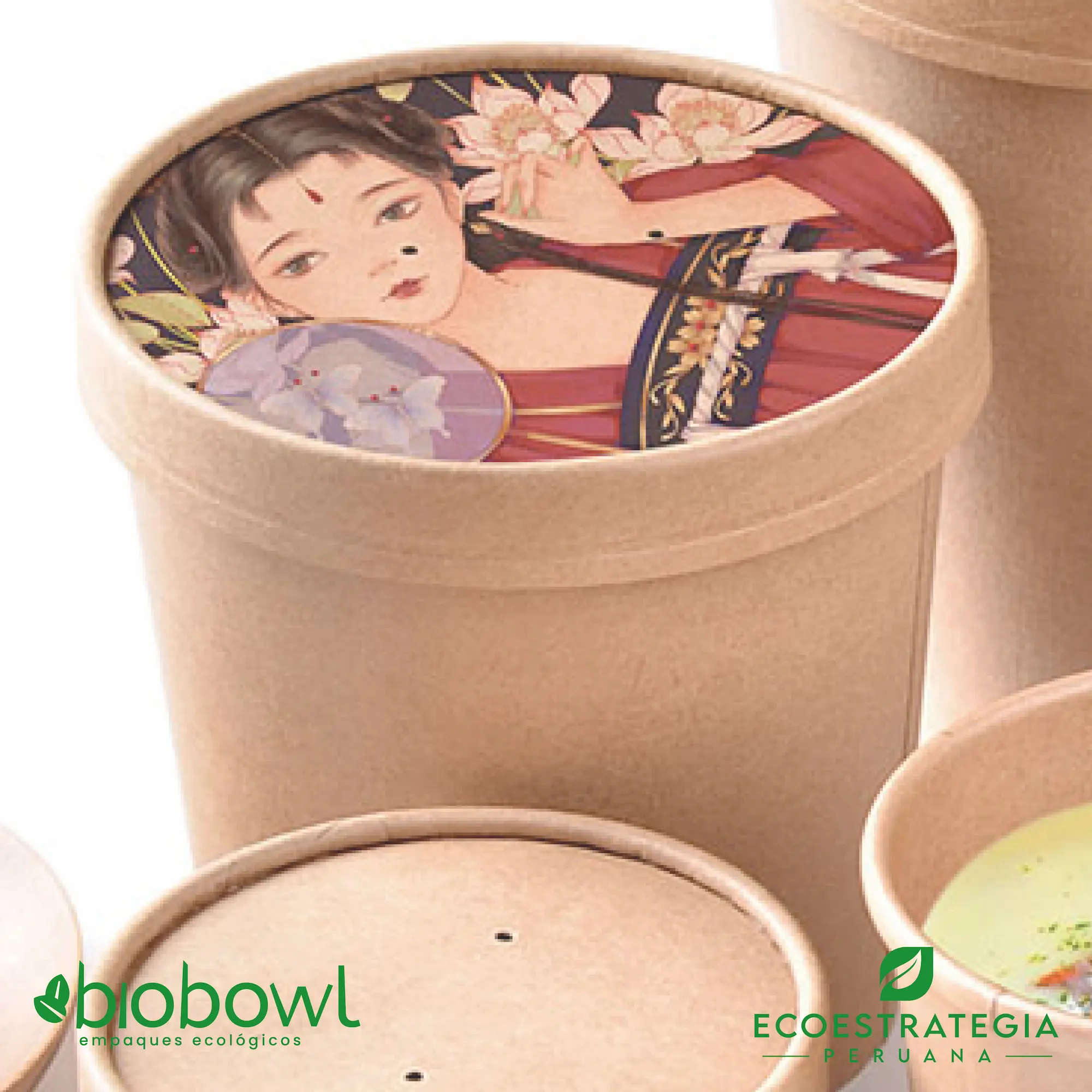Envase de bambú sopero 32oz para delivery de platos calientes, compostable y con tapa resistente.