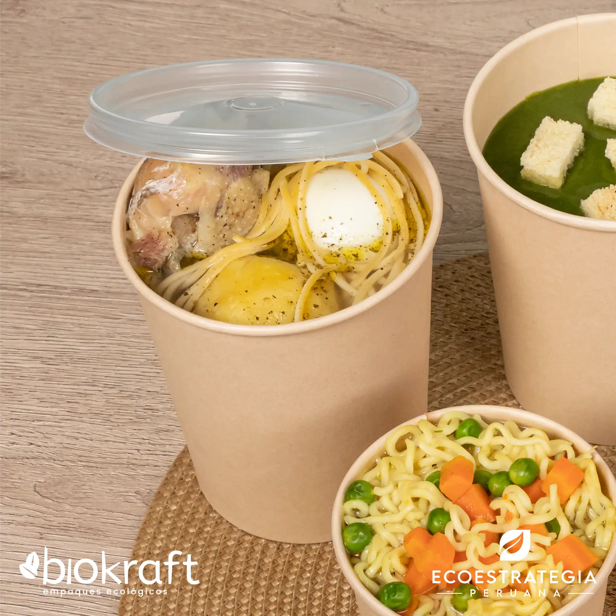 Envase de bambú sopero 32oz para delivery de platos calientes, compostable y con tapa resistente.
