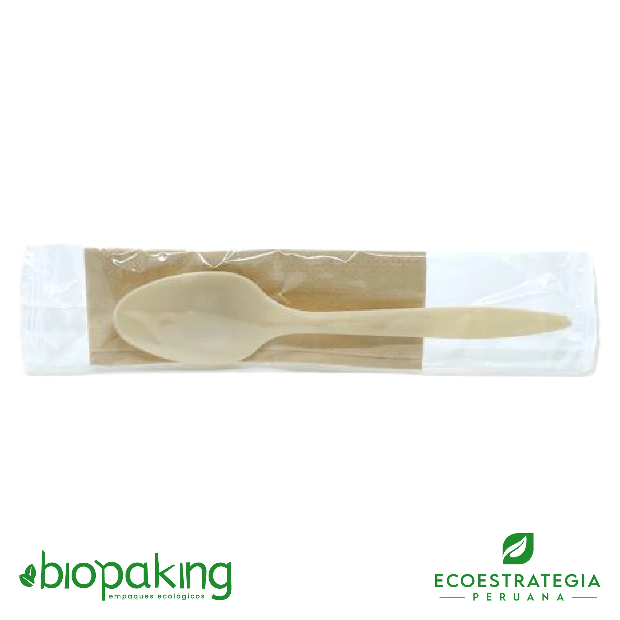 Kit biodegradable con cuchara de maíz y servilleta, práctico para delivery. Alternativa compostable para negocios comprometidos con el medio ambiente.