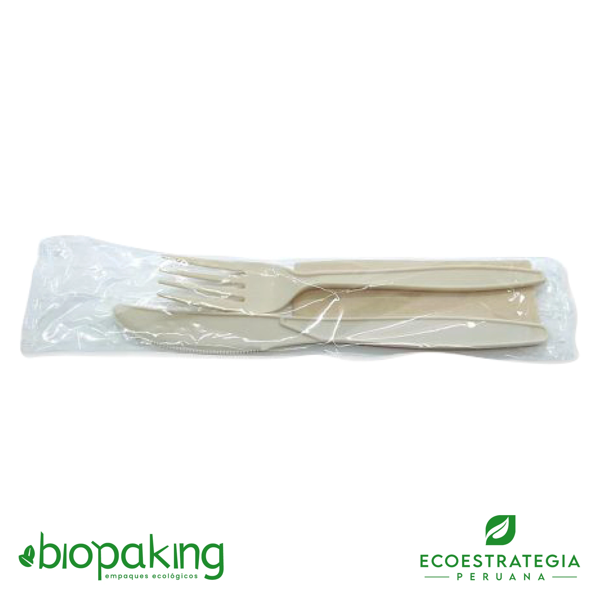 Pack compostable con tenedor y cuchillo de maíz más servilleta, ideal para comidas para llevar. Opción ecológica para restaurantes responsables.
