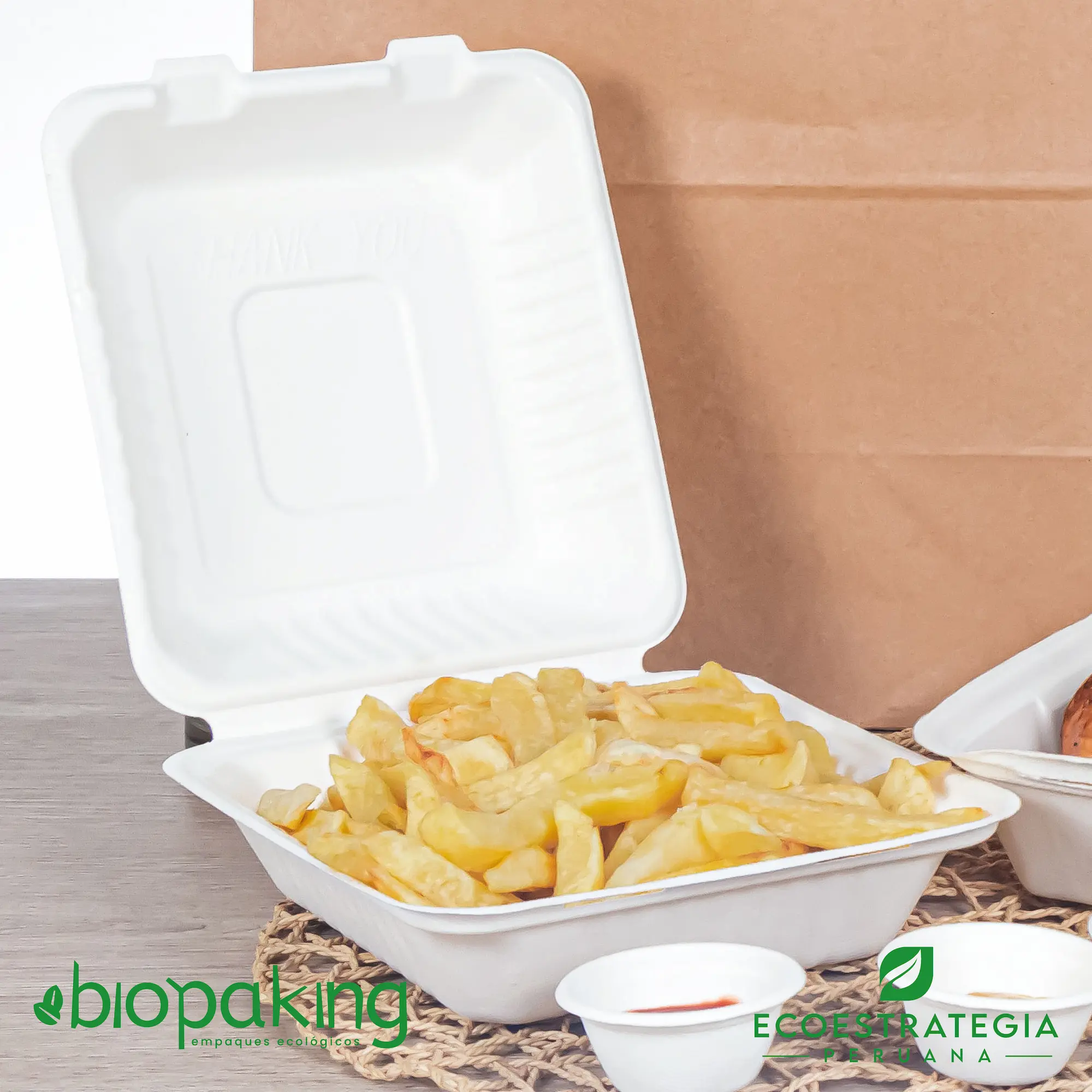 Envase ecológico para porciones grandes, como pollo frito, arroz con mariscos o chicharrones.