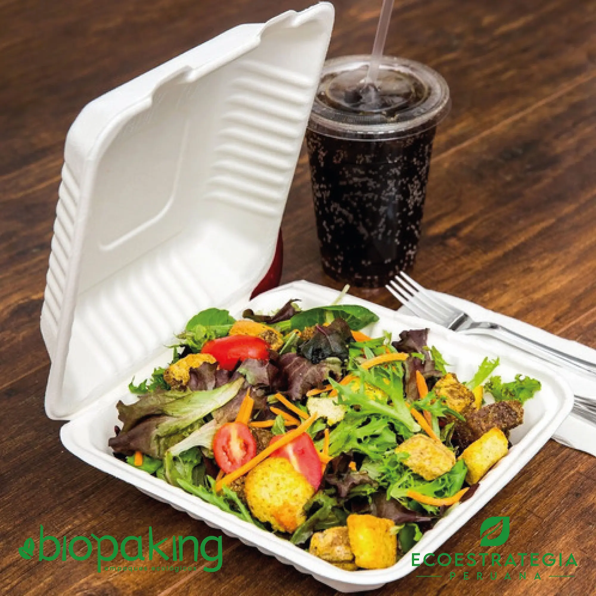 Contenedor biodegradable con capacidad para porciones abundantes. Modelo CT3 para delivery.