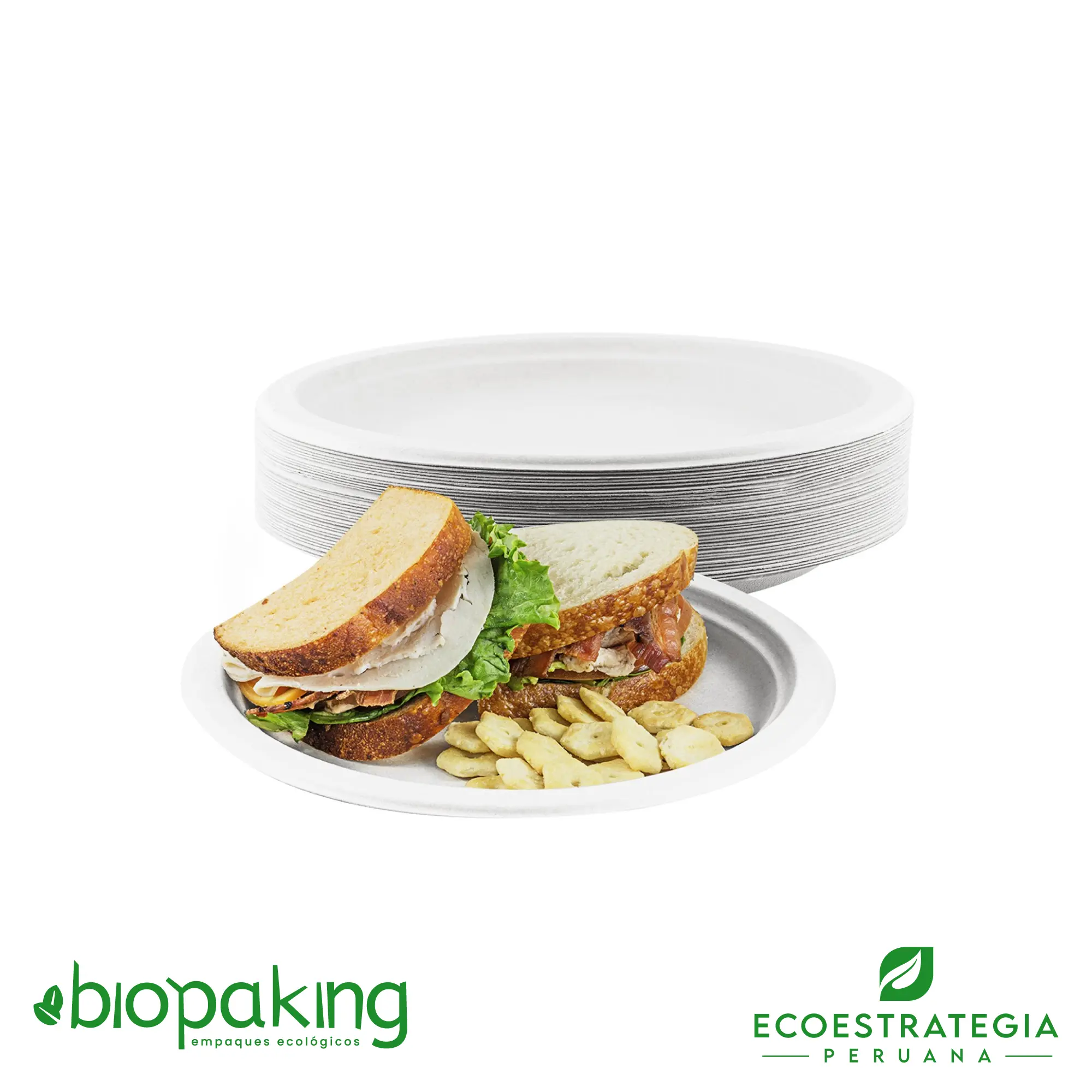 Plato biodegradable 15 cm hecho con bagazo de caña, compostable, fuerte y perfecto para delivery ecoamigable
