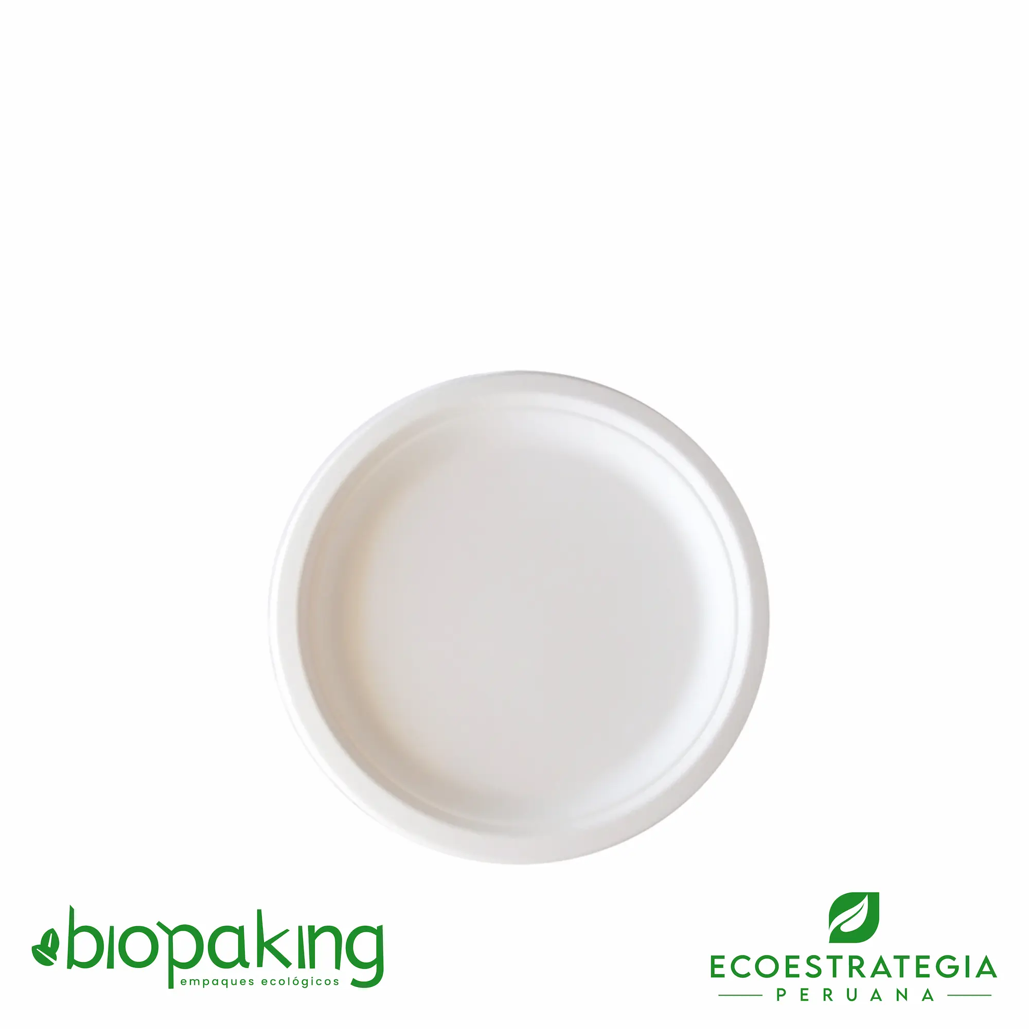 Plato biodegradable de fibra de caña de 18 cm, resistente, ecológico y compostable. Ideal para entradas, postres o porciones medianas en delivery.