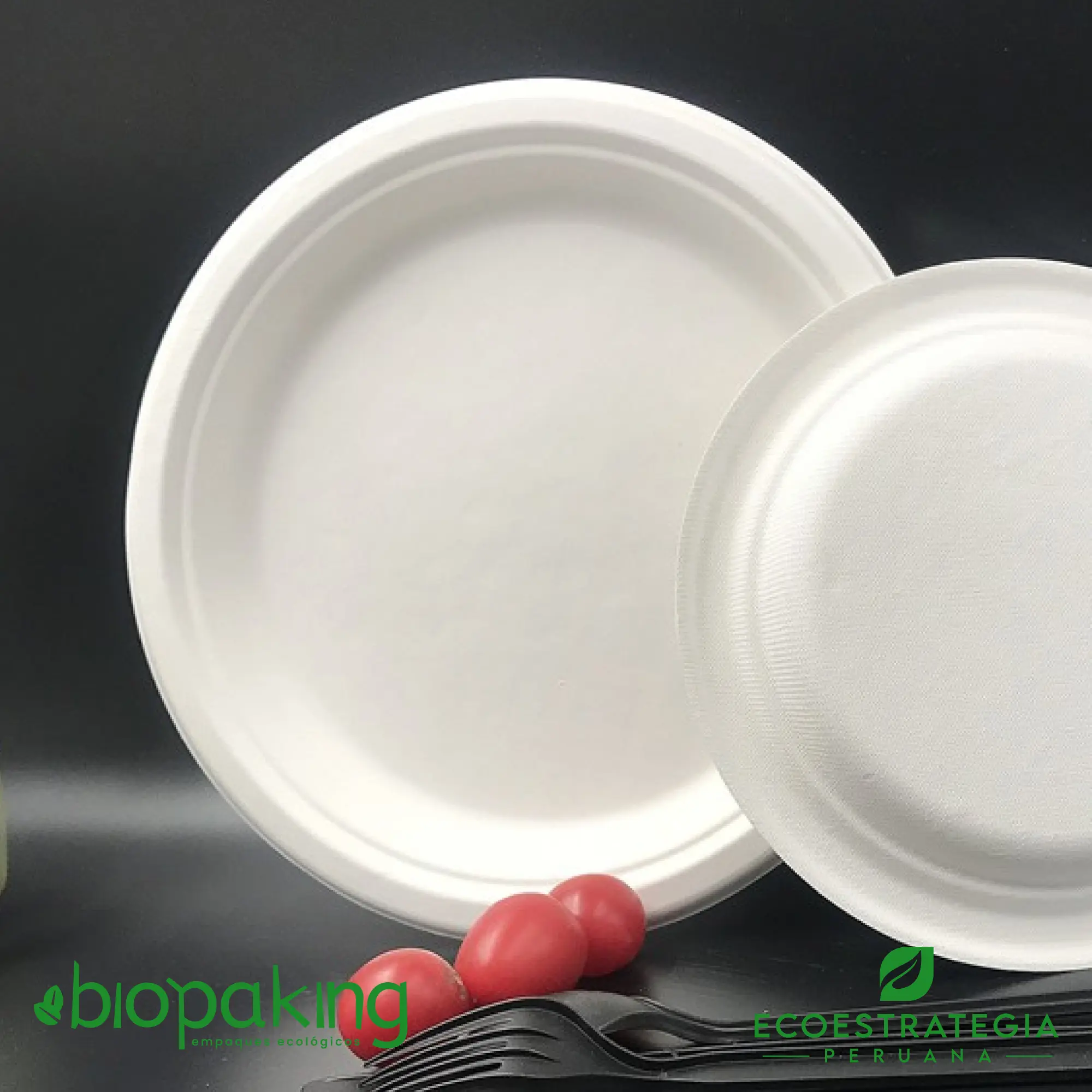 Plato redondo de 22 cm fabricado con fibra de caña de azúcar, biodegradable, práctico y resistente.