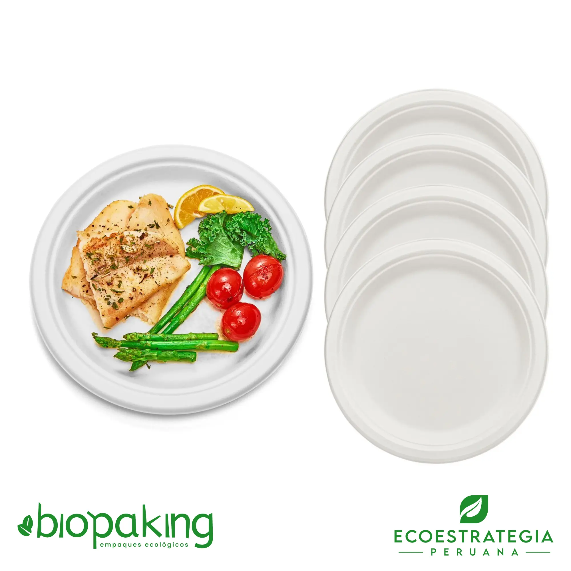 Plato compostable de caña 26 cm, fuerte, natural y perfecto para delivery de comidas completas.