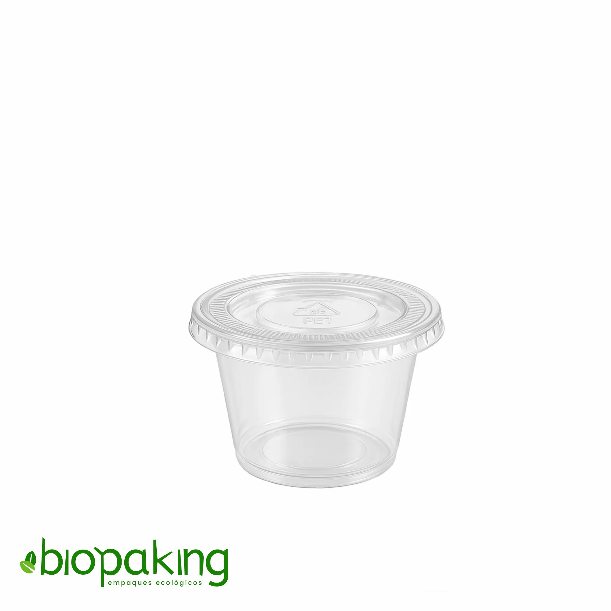 Salseros pet de 4oz con tapa hermética reciclable, ideales para restaurantes y negocios de comida rapida.