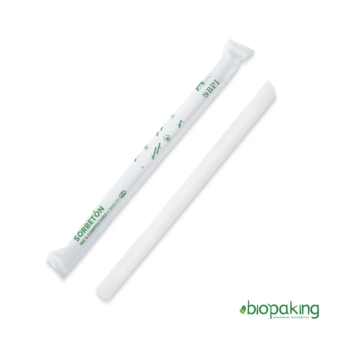 Sorbete Compostable de bagazo de caña PLA 20cm x 6mm, para negocios de comida rápida, fáciles de usar y 100% biodegradables.