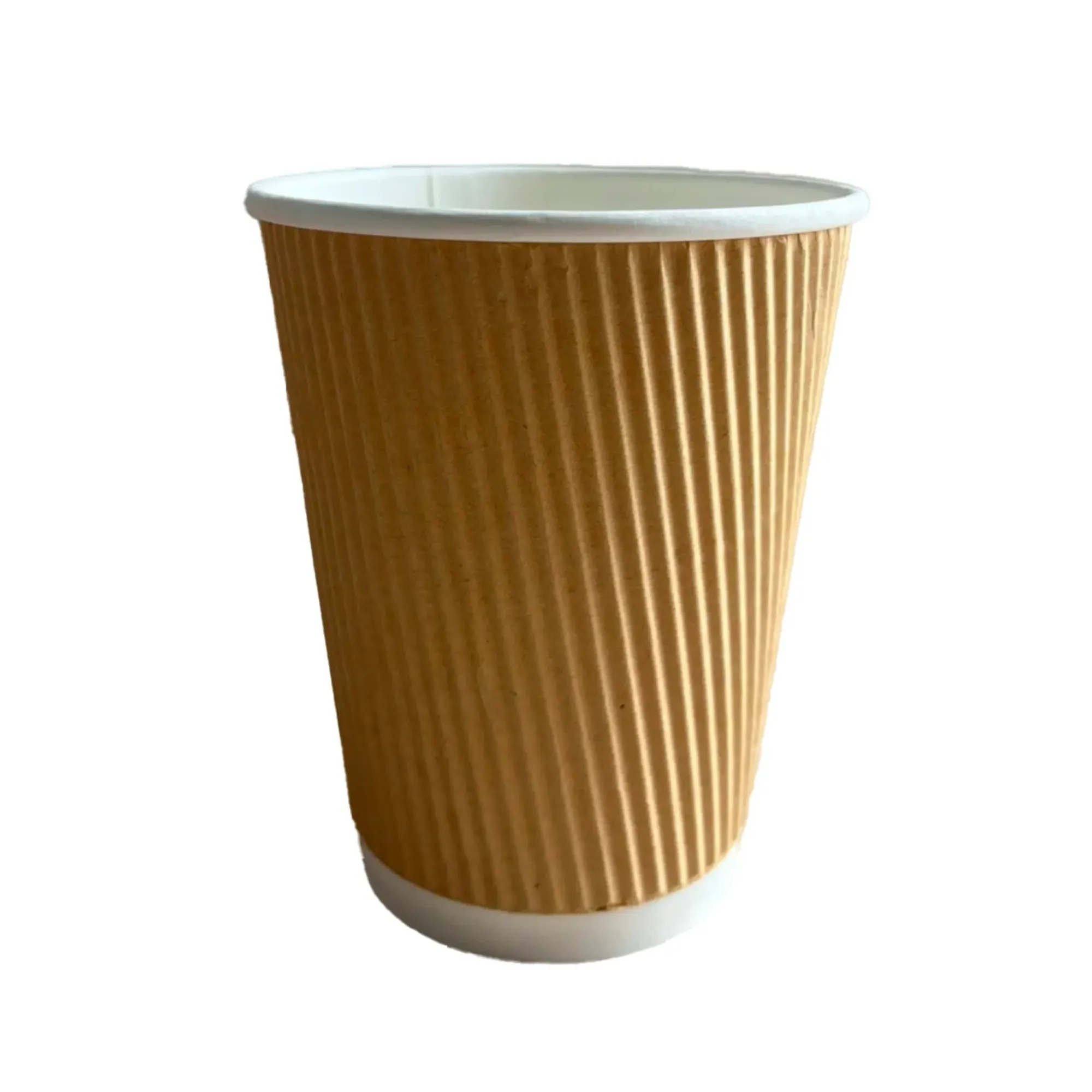 Vaso corrugado ecológico beige de 12oz hecho de polipapel, ideal para café y bebidas calientes