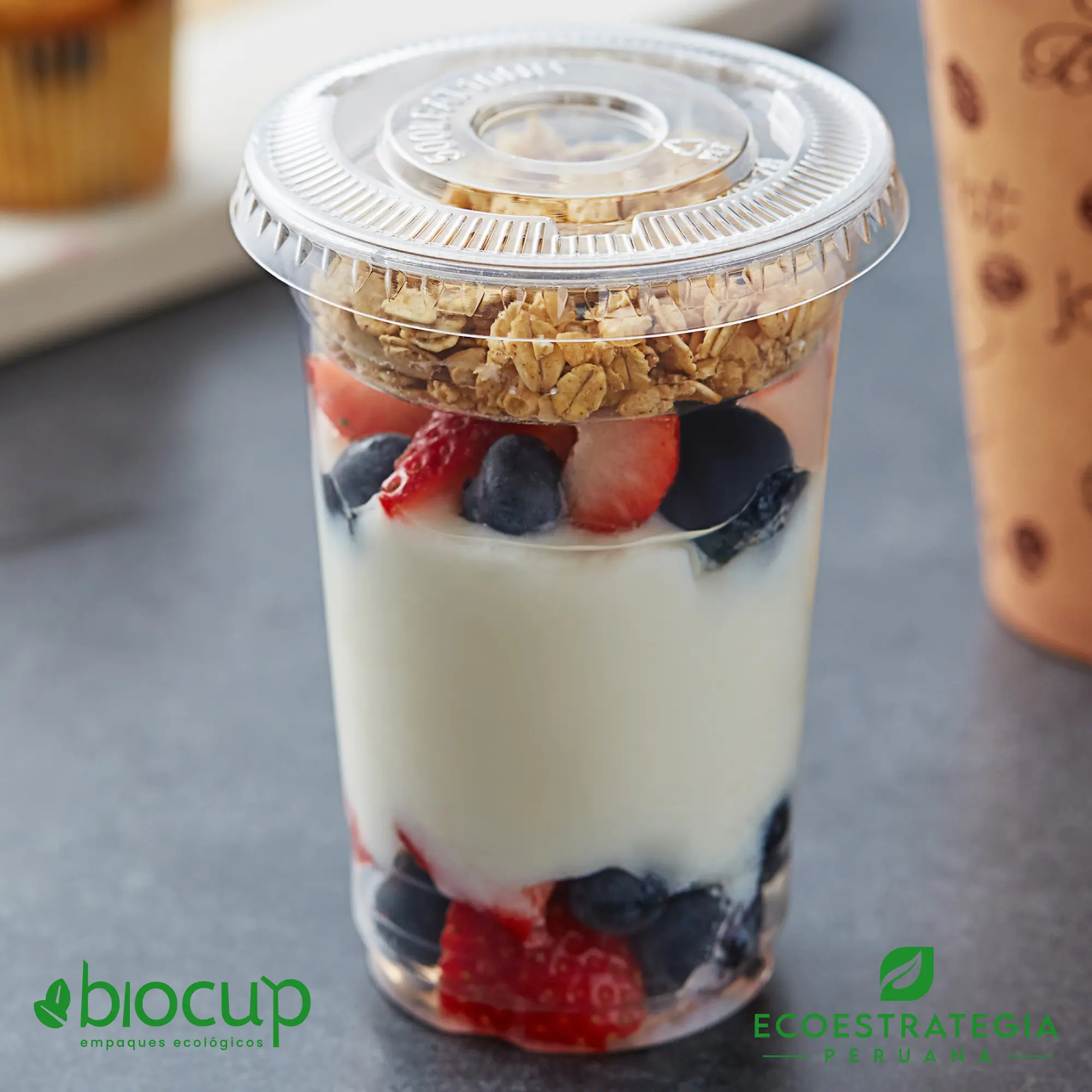 Vaso PET con tapa 10oz, opción reciclable para delivery, cafeterías y consumo en eventos